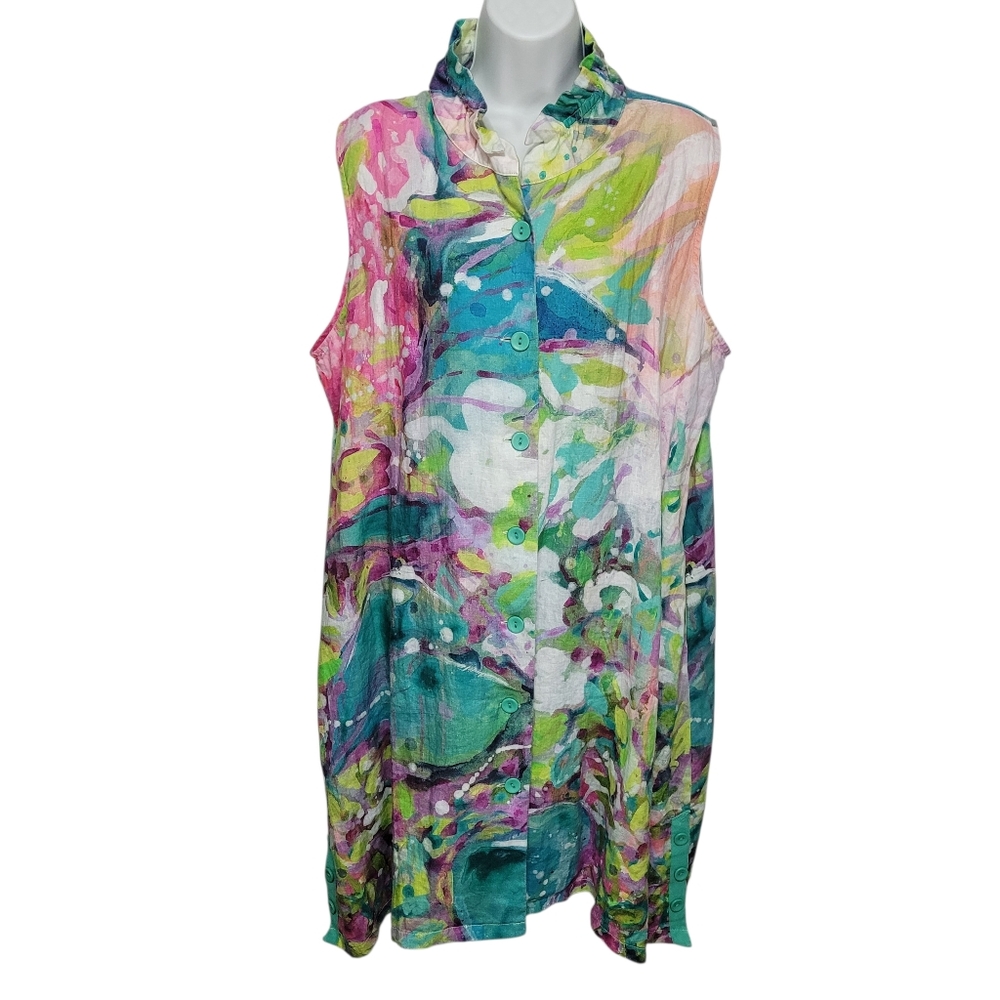Claire Desjardins Women's Sleeveless Watercolor Linen Minidress Size XXL Artsy